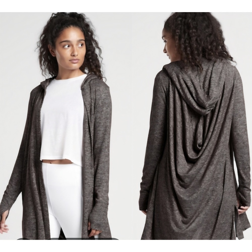 Athleta Cardigan Wom Sz S Gray Open Front Hooded Thumbhole Athleisure Wrap Yoga